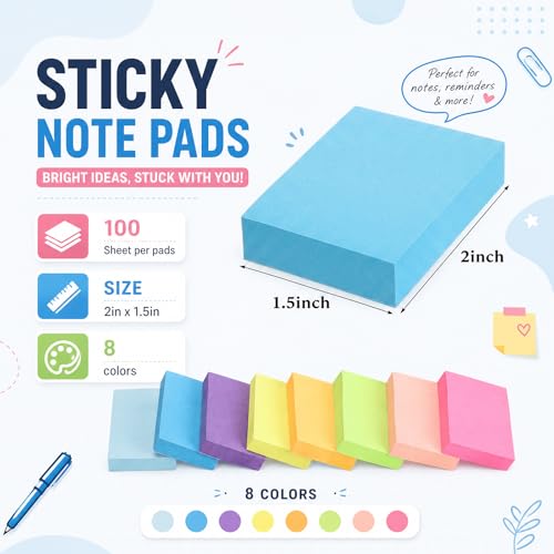 Wood Sticky Note Holder with 8 Pads - 1.5 x 2 Inch Memo Dispenser
