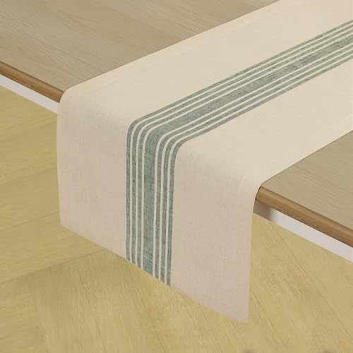 Linen Table Runner 14x48 Inches - Green & Natural Striped, Handcrafted, Eco-Friendly