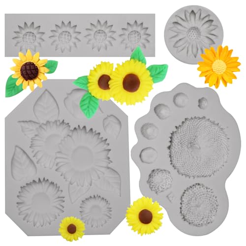 Sunflower Silicone Mold Set - 4 Pack Daisy Flower Molds for Cake Decorating, Fondant, Polymer Clay, and Chocolate Crafting