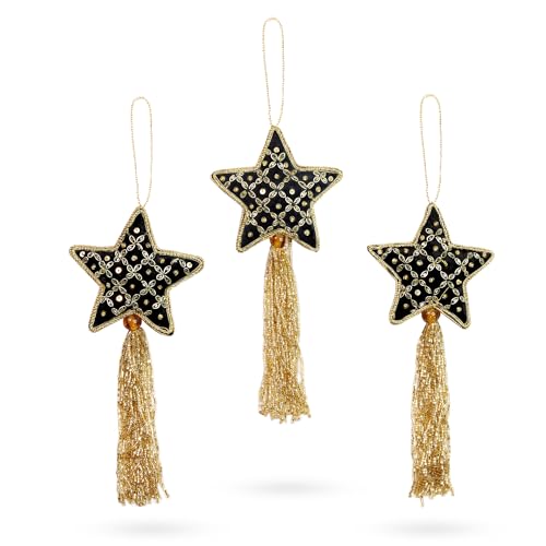 Set of 3 Black & Gold Hand-Beaded Christmas Star Ornaments for Tree