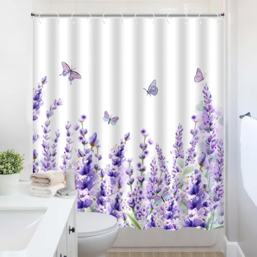 Lavender Floral Shower Curtain 70x70 Inch, Watercolor Butterfly Bathroom Set