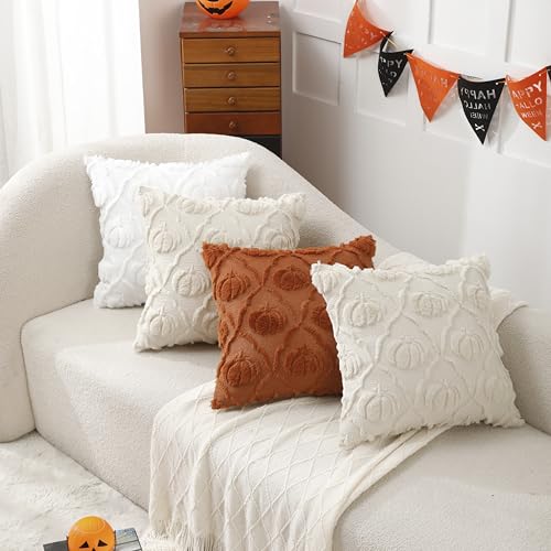 VAKADO Halloween Pumpkin Pillow Covers, 18x18 Cream Velvet Set of 2