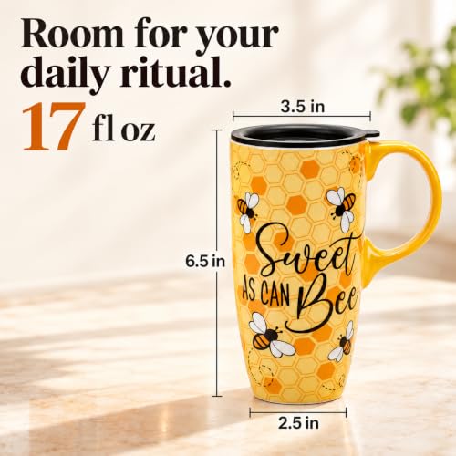 17oz Ceramic Travel Mug with Lid & Gift Box - Honey Bee Coffee Cup