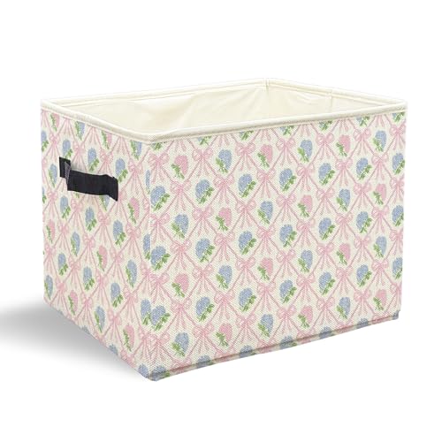 JFFTLL Pink Bow Hydrangea Collapsible Storage Bin with Handles