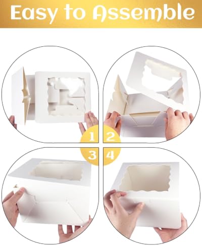 qiqee 10x10x5 White Cake Box Set with Window & 4 Round Cake Boards - 10 Inch Food-Grade Packaging