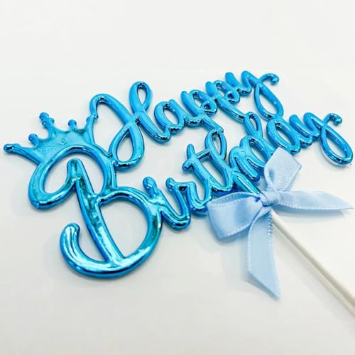 Blue Acrylic Happy Birthday Cake Topper with Crown and Bow 3x5 Inch
