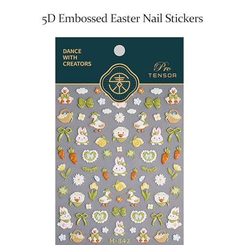 5D Embossed Easter Nail Stickers Green Flower Rabbit Self-Adhesive Decals