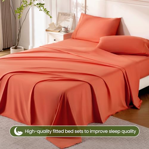 Orange Red Queen Sheet Set - 4 Piece Breathable Cooling Bedding, Deep Pocket