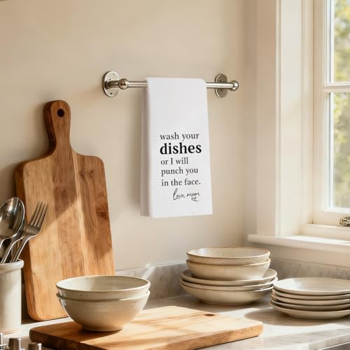 Funny Kitchen Dish Towels - 'Wash Dishes or I Will Punch You' 16x24 Inch