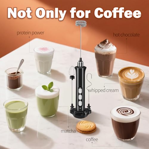Rechargeable Handheld Milk Frother with 3 Speed Settings & Detachable Stainless Steel Whisks
