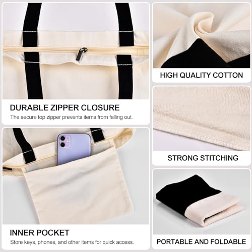 Halloween Canvas Tote Bag with Zipper for Women - Beige/Black