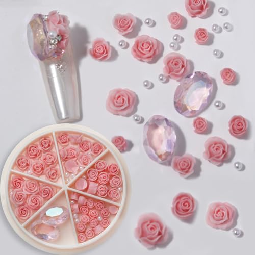 Pink 3D Resin Rose Camellia Nail Art Charms with Pearls and Rhinestones