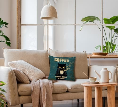 Funny Black Cat Coffee Pillow Cover, 18x18 Soft Corduroy Case (Cat03)