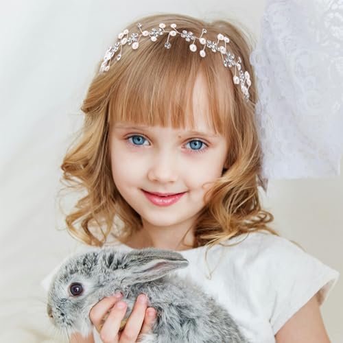 TIOSRU Silver Flower Girl Headpiece, Crystal Wedding Headband & Hair Vine
