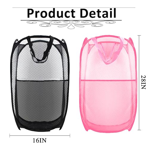 Collapsible Mesh Laundry Hamper 2-Pack, Extra Large Foldable Basket (Black/Pink)