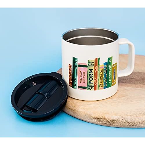kate spade new york Stainless Steel Insulated Mug with Handle and Lid, 16 Ounce Double Wall Tumbler, Reusable Coffee Travel Mug for Hot and Cold Drinks, Bookshelf