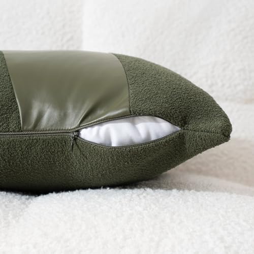 Olive Green Boucle Throw Pillow Covers 18x18, Set of 2 Faux Leather Accent