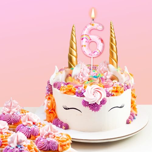 Unicorn Birthday Candle Number 6 - Cute Rainbow Cake Topper