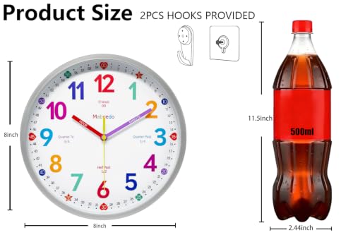 Silver 8-Inch Silent Learning Classroom Wall Clock for Kids - Educational Teacher Clock