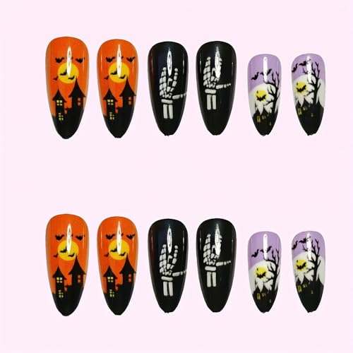 Halloween Short Almond Press on Nails French False Acrylic Nail Kit