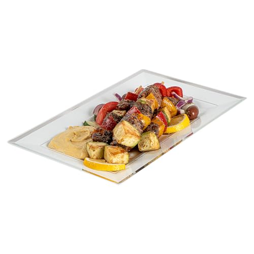 Restaurantware Moderna 11.5 x 7.3 Inch Premium Disposable Plates 100 Rectangular Plastic Plates For Parties - Silver-Rimmed Durable White Plastic Dinner Plates For Warm And Cold Foods