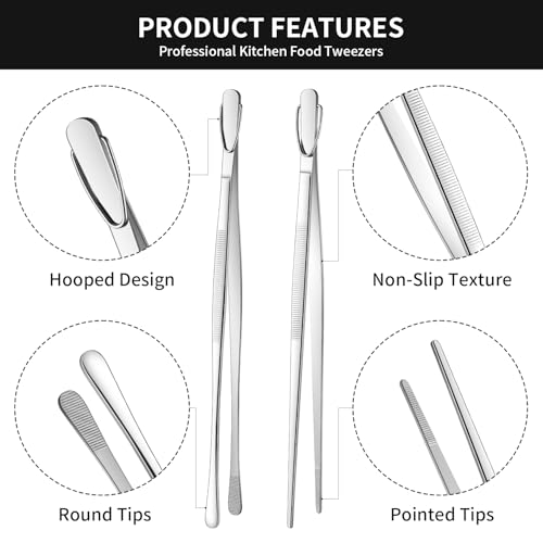 Dehov 12-Inch Stainless Steel Kitchen Tweezers Set - Non-Slip Tongs for Cooking and Plating