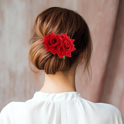 Qianyu Red Rose Flower Hair Comb Velvet Floral Hairpin Wedding Headpiece