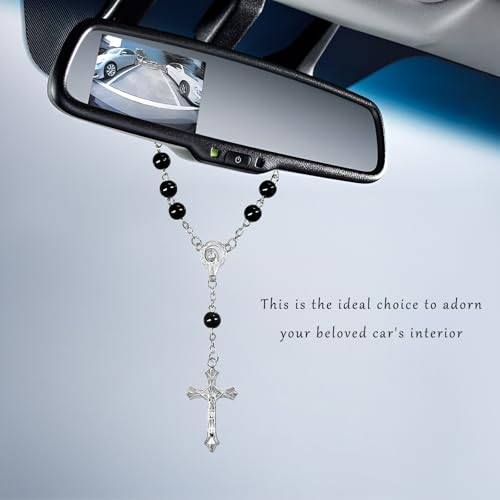 Car Rosary Rearview Mirror Ornament with Cross & Beads - 2 PCS
