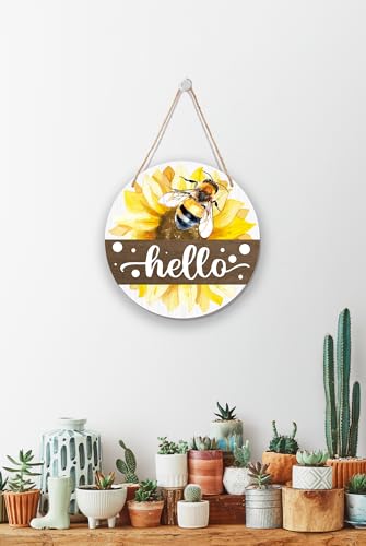 Hello Bee Sunflower Welcome Hanging Sign for Front Door 10 Inch