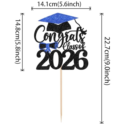 Congrats Grad 2026 Cake Topper Blue Glitter Graduation Party Decoration