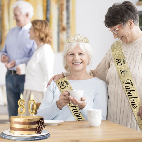 Gold 80th Birthday Decorations Set for Women - Tiara, Sash & Candles
