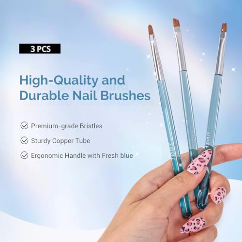 AIRSEE Nail Art Clean Up Brushes - 3 PCS Flat, Oval & Angled Blue Gel Polish Detail Brushes