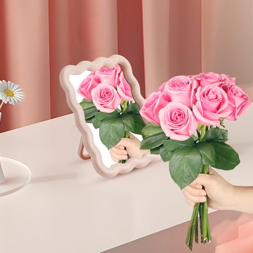 Wave-Shaped Pink Desk Mirror, Portable Folding Makeup Mirror 6.7x5.3 Inch
