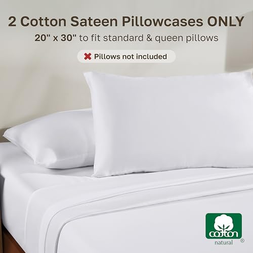 Queen Pillow Cases Set of 2 - 100% Cotton Sateen in Bright White