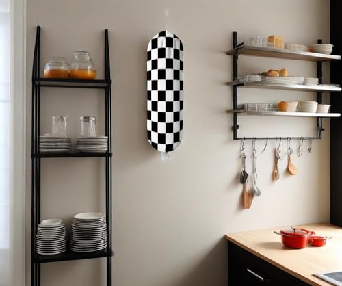 HIYAGON Wall Mount Plastic Bag Holder - Check Pattern Kitchen Organizer