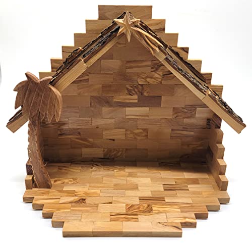 Olive Wood Nativity Stable - Handmade Bethlehem Christmas Decor 13.5x10.5x7.12 Inches