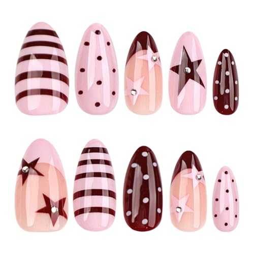 Red Polka Dot Press On Nails Medium Almond Fake Nails Y2k Star 24Pcs