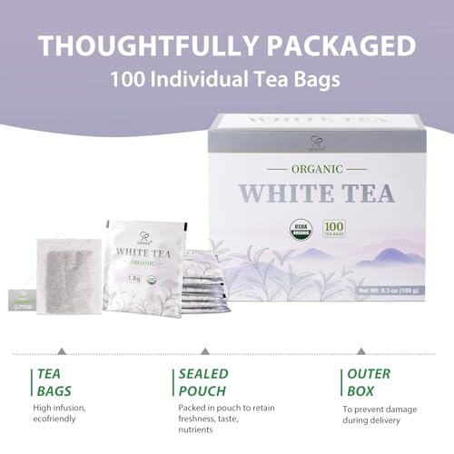 Soeos Organic White Tea - 200 Individually Wrapped Tea Bags, Low Caffeine, Floral Aroma, Smooth Taste