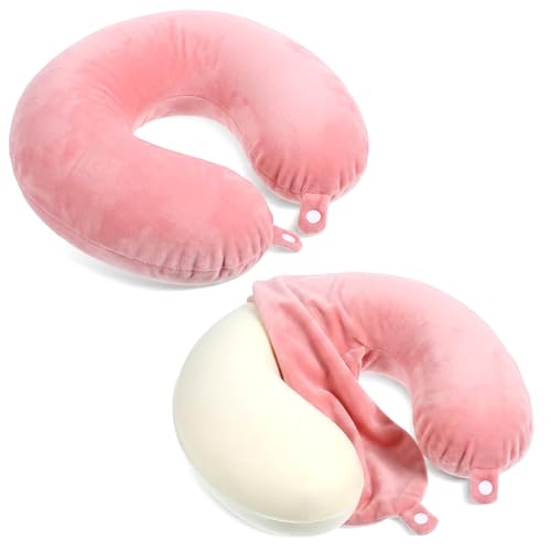 Travel Neck Pillow Covers - 2 Pack U-Shaped Cases with Zipper, Pink
