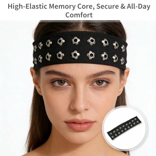 Grommet Headband Y2K Punk Wide Stretchy Cotton Hair Band
