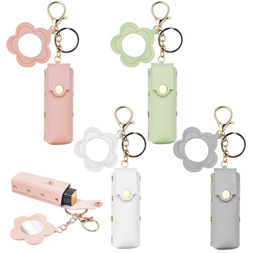 Arvintas PU Leather Lipstick Holder Keychain with Mirror - 4 Pack