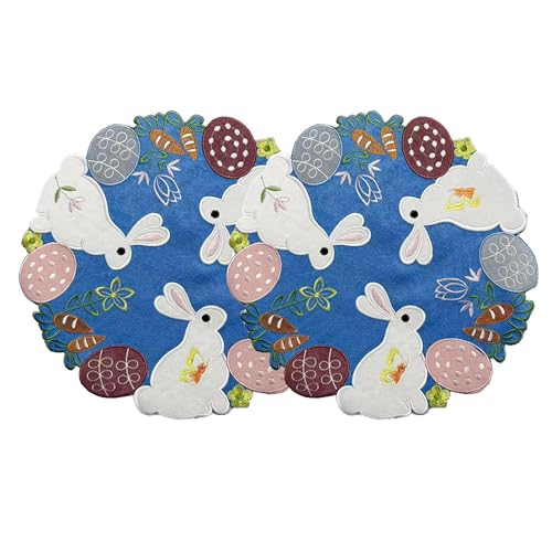 OVOY Easter Placemats Set of 2 - 13.77 Inch Round Embroidered Bunny Table Mats