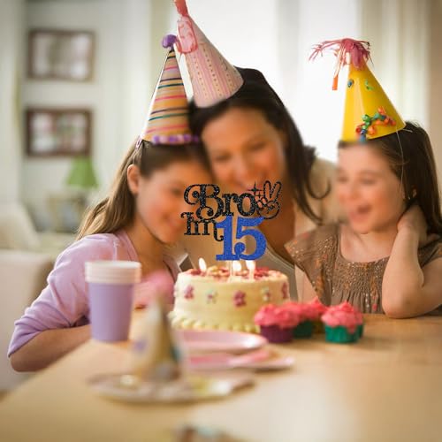 Brother I'm 15 Cake Topper - Glitter Happy 15th Birthday Decoration | Blue & Black