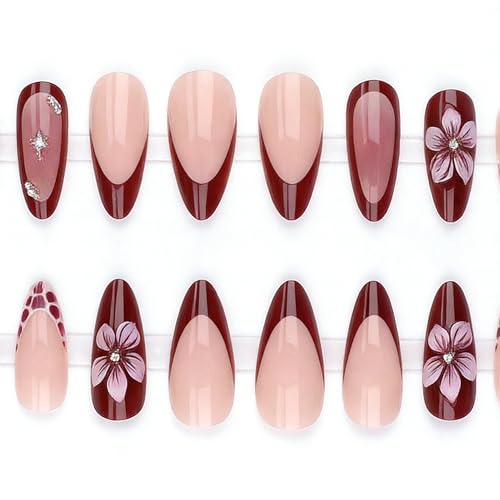 Burgundy Gradient French Tip Press on Nails with 3D Flower & Rhinestones, Almond Fake Nails