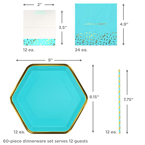 Aquamarine Blue & Gold Party Supplies Set for 12 Guests