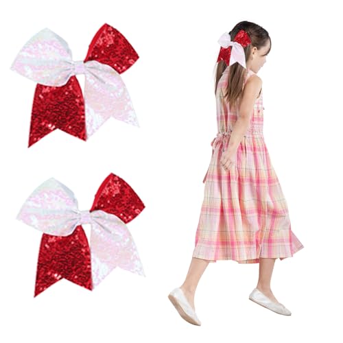 Red and White Sequin Cheer Bows 2-Pack for Cheerleading and Dance