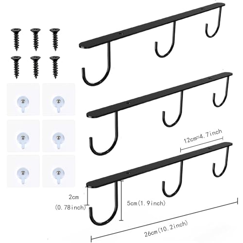 DEPAOTLUX 3pcs Under Cabinet Mug Hooks, Adhesive or Screw-In Cup Holder - Black