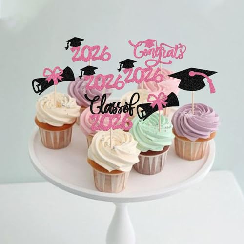 30 PCS Pink Glitter 2026 Graduation Cupcake Toppers Diploma Cap Picks