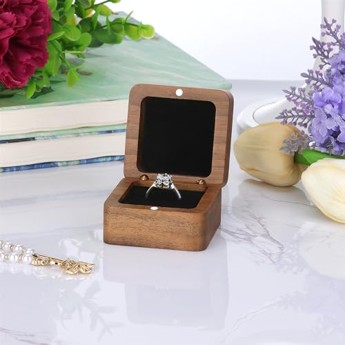 LETURE Wooden Ring Box, Small Black 1-Slot Vintage Wood Jewelry Holder