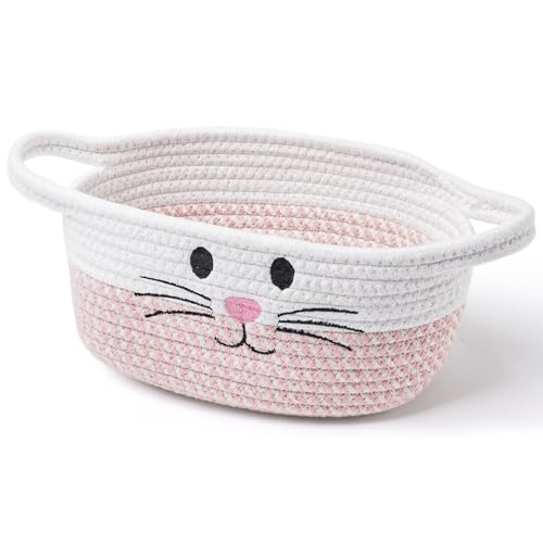 STOBSK Small Woven Cotton Storage Basket with Handle - Pink Nursery Organizer